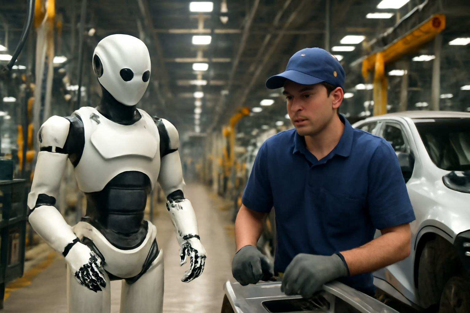 A wheeled humanoid robot with two hands works alongside a human technician on an automotive assembly line