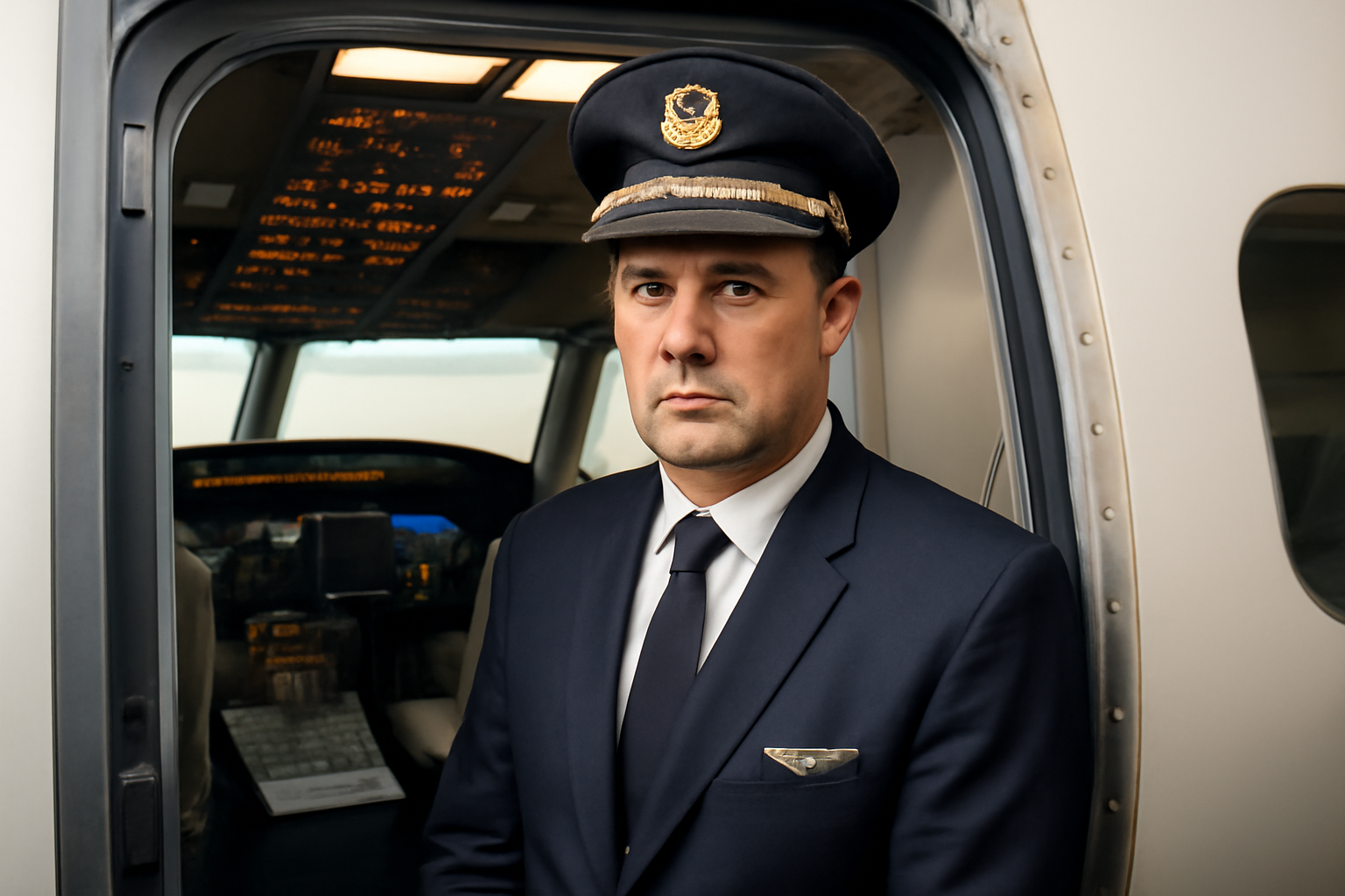Airline captain in uniform standing near a cockpit door on a commercial jet