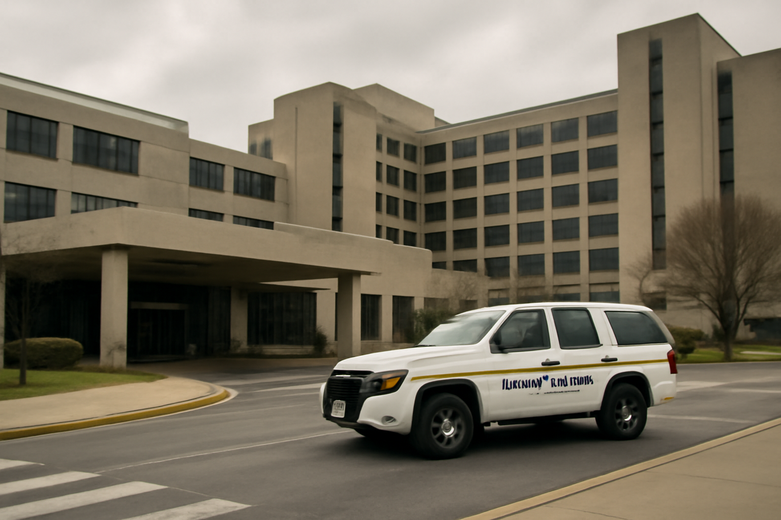 Exterior of a Nashville hospital building under overcast sky with a security vehicle parked outside