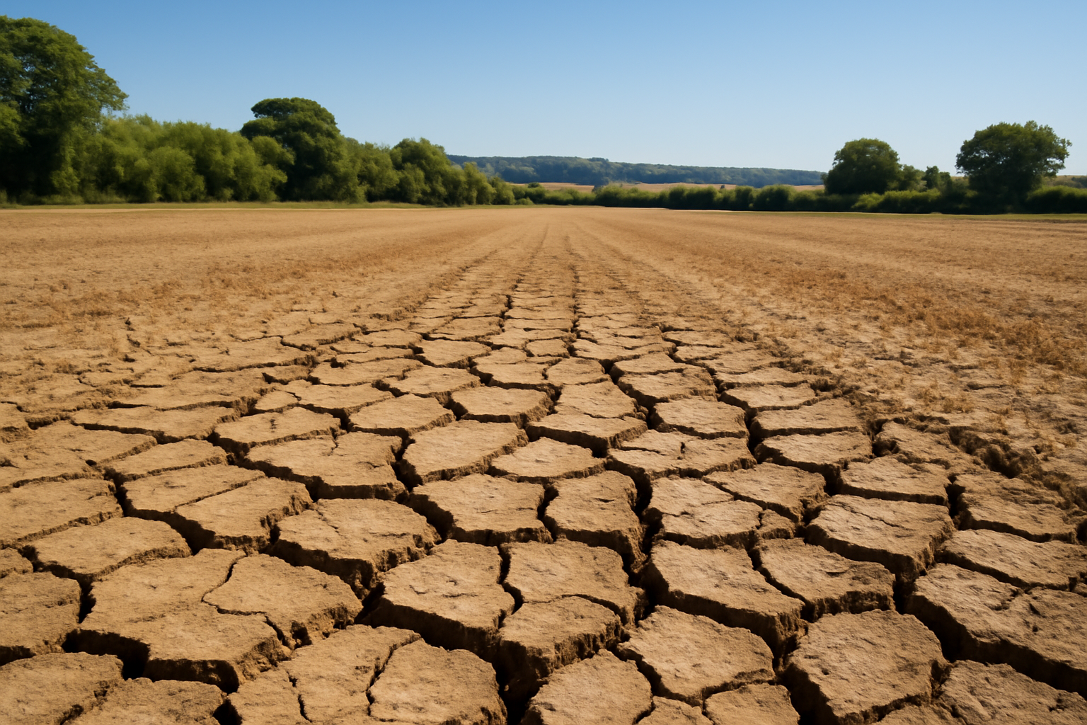 Cracked, dry farmland under a bright summer sky in the UK countryside