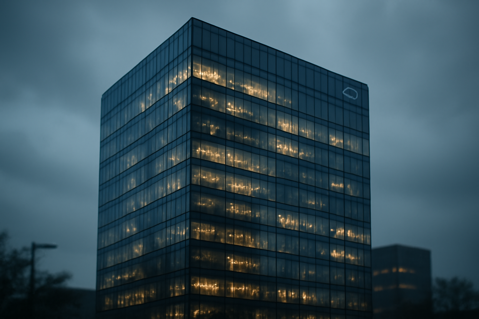 Exterior of a corporate office building with a tech company logo, overcast sky