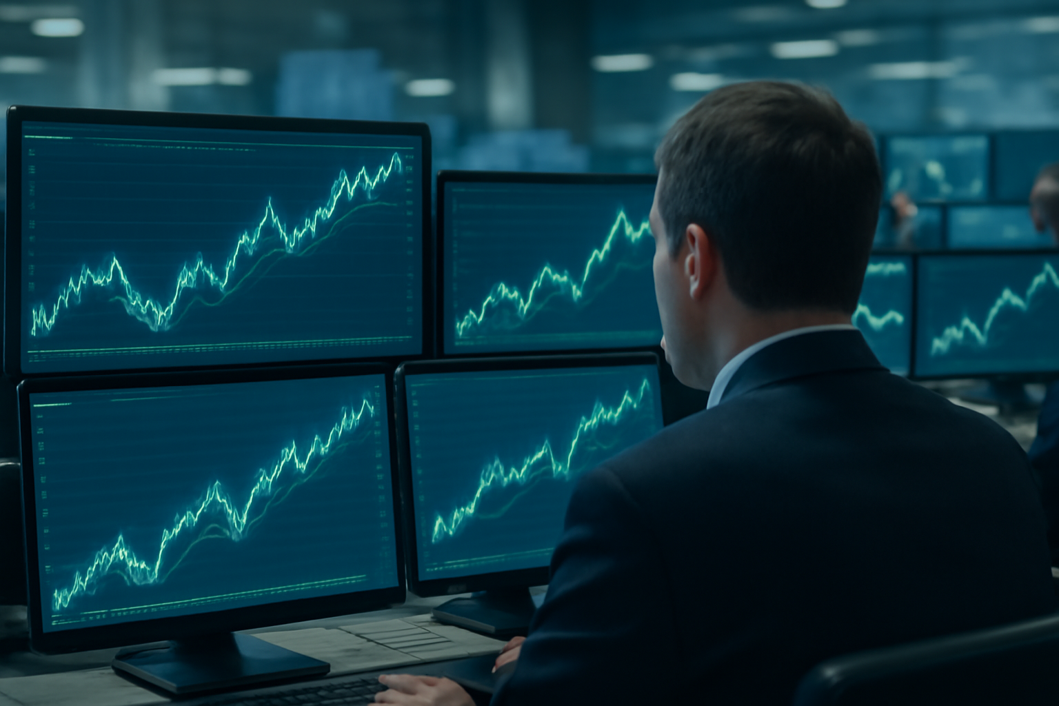 Trading floor monitors showing stock charts clustered around a handful of technology companies