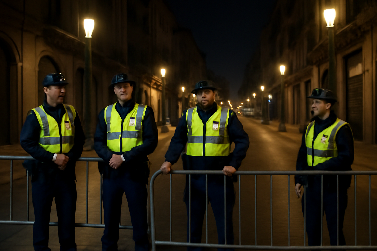 Police officers standing near barricades on a quiet European city street at night