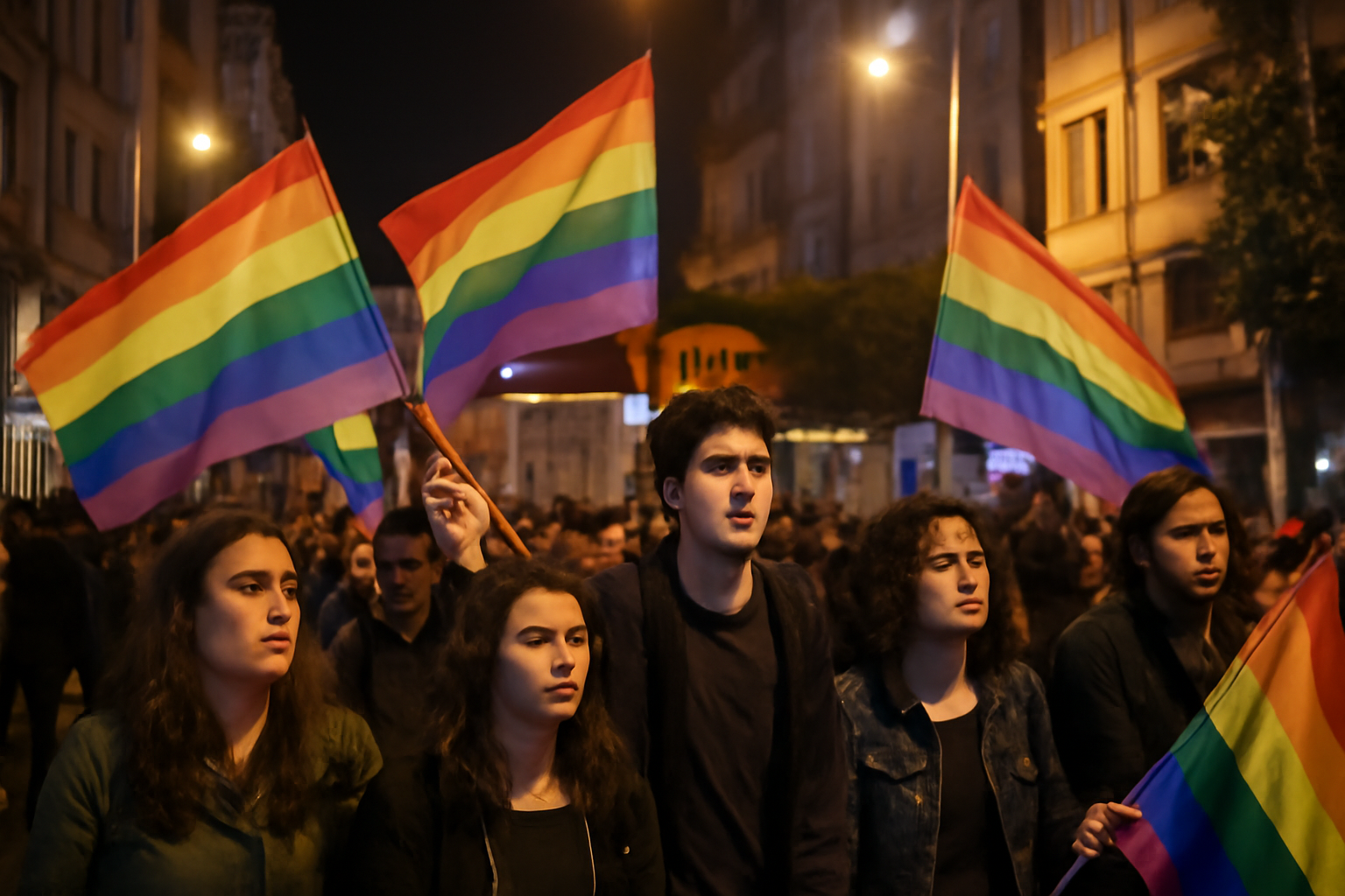 Protesters holding rainbow flags gather outside a government building in Turkey at dusk