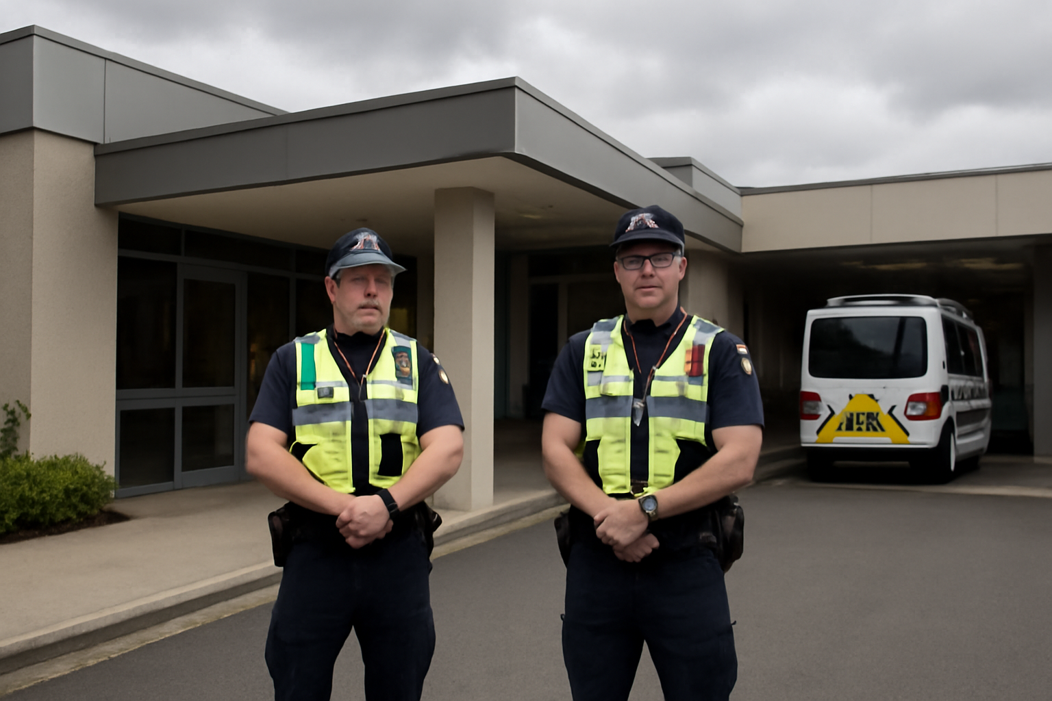 Police officers standing guard outside a regional Australian hospital entrance