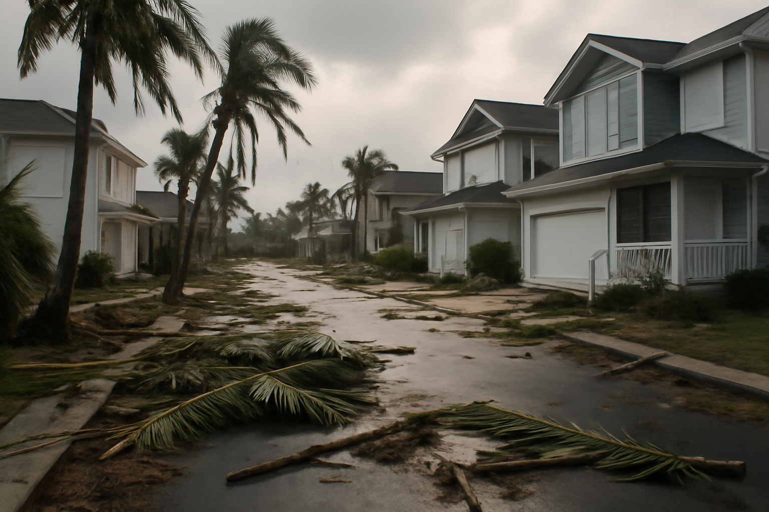 A Florida coastal street after a hurricane, with newer homes built to modern wind codes showing minimal damage next to storm debris