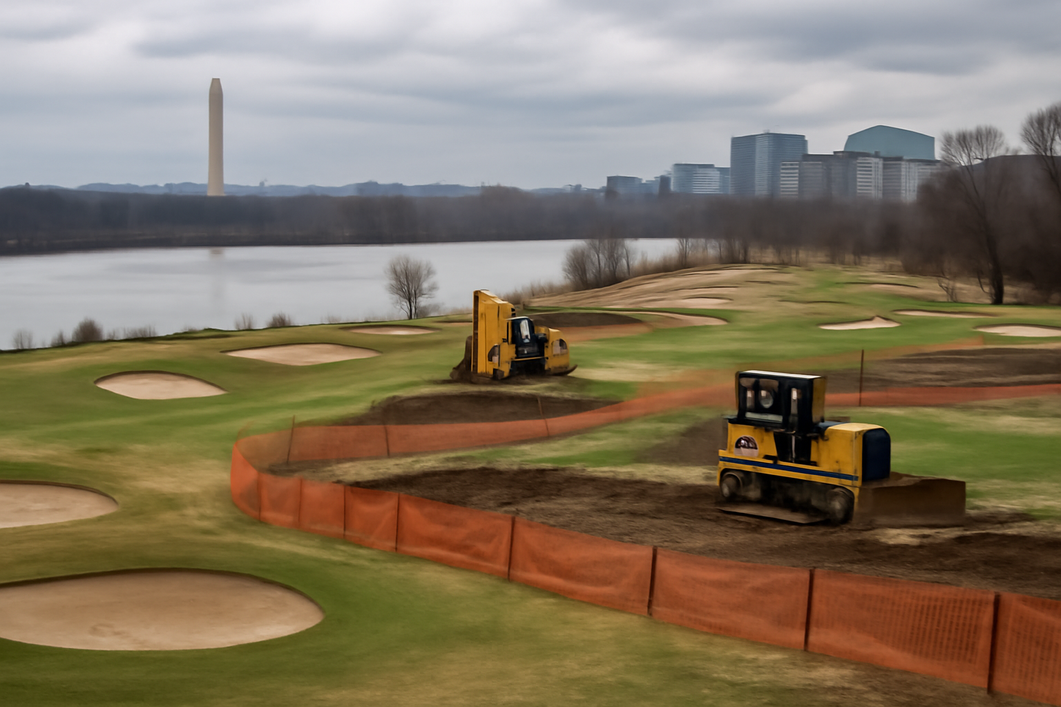 Construction barriers surrounding fairways at a public golf course along the Potomac River in Washington