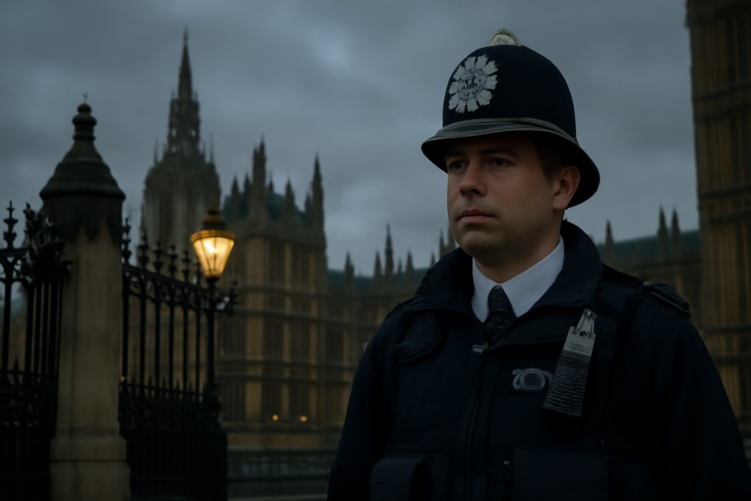 Police officer standing guard outside the Palace of Westminster in London