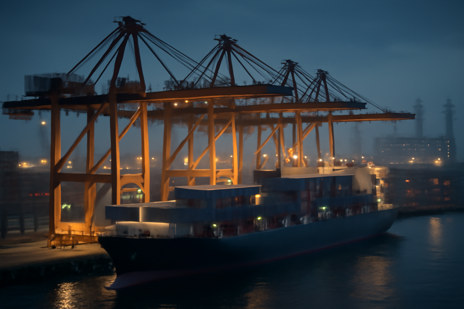 Container ships and industrial cranes at a busy Asian port with data center towers visible in the background