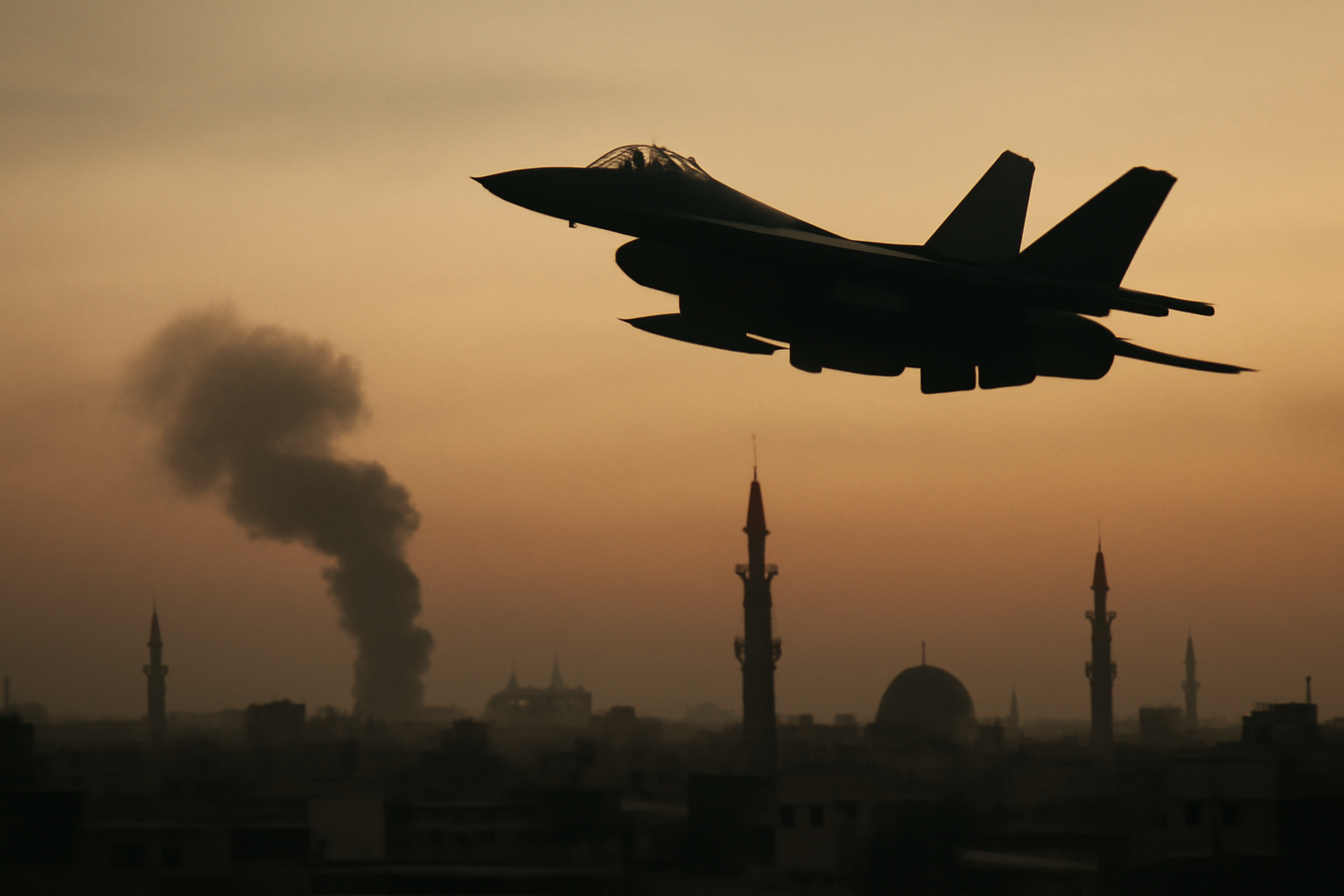 Military jet silhouette over the Sanaa skyline at dusk with smoke rising in the distance