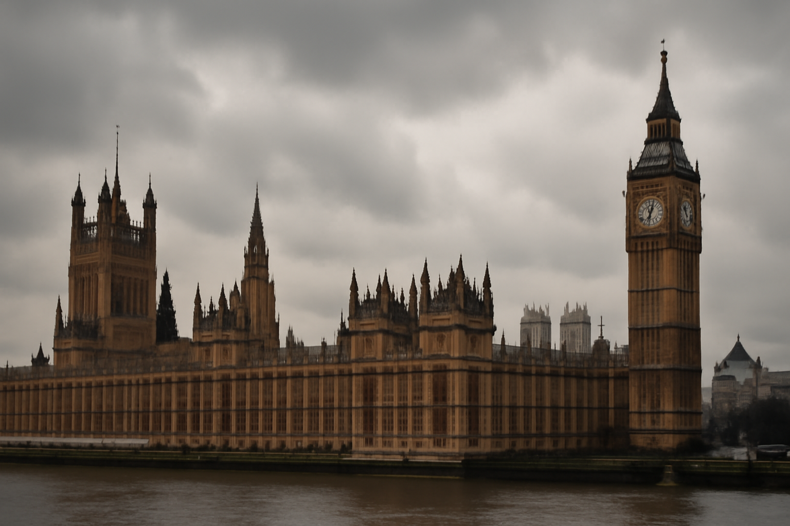 Exterior of the Houses of Parliament in London under an overcast sky