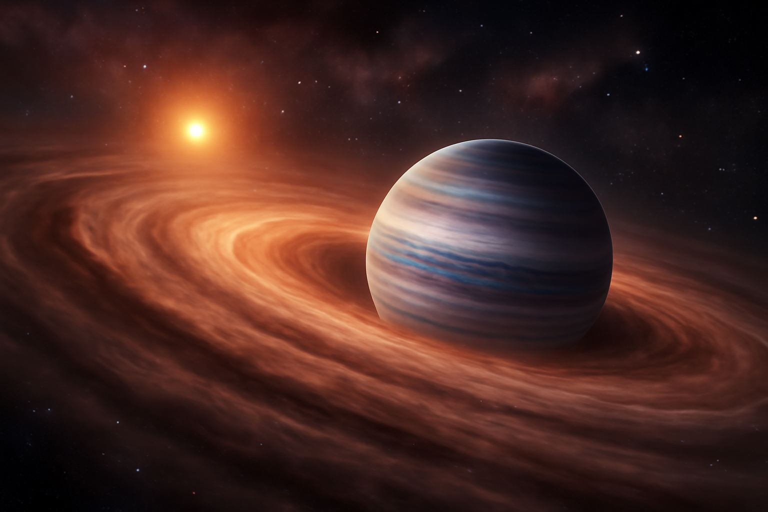 A newly formed gas giant planet silhouetted against a swirling disk of gas and dust around a young star