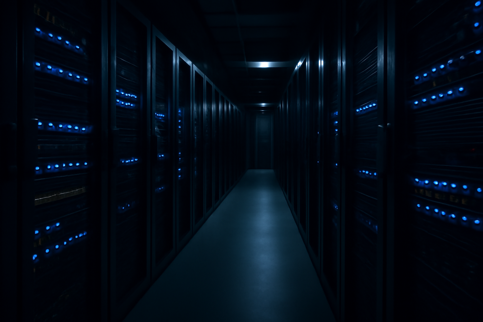 Rows of server racks with glowing network cables in a dim data center