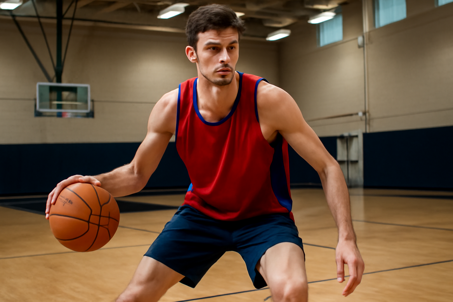 A high school basketball point guard dribbles upcourt in an SMU practice jersey during a recruiting visit
