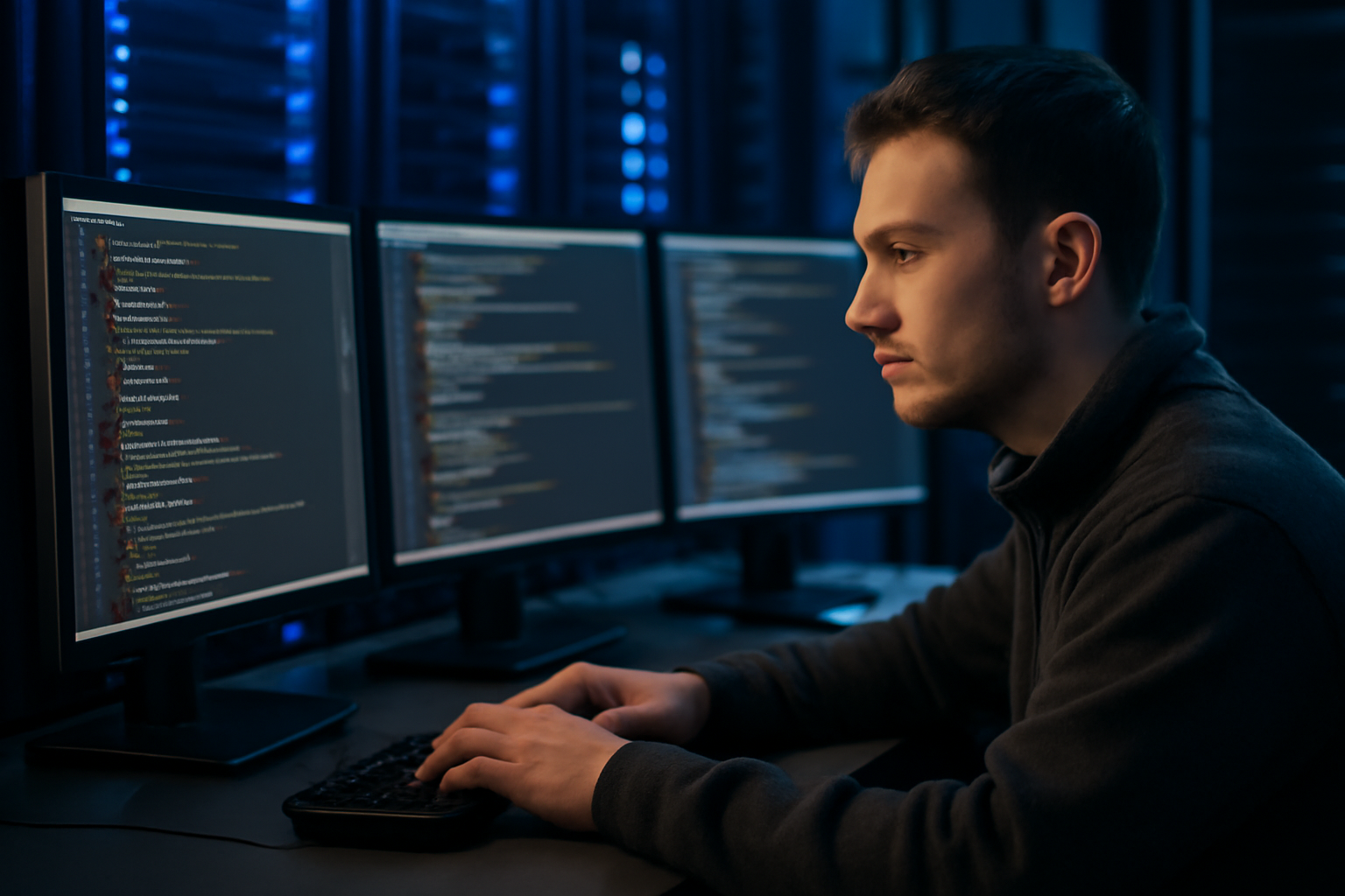 Server room technician reviewing lines of code on a monitor during a security patch rollout