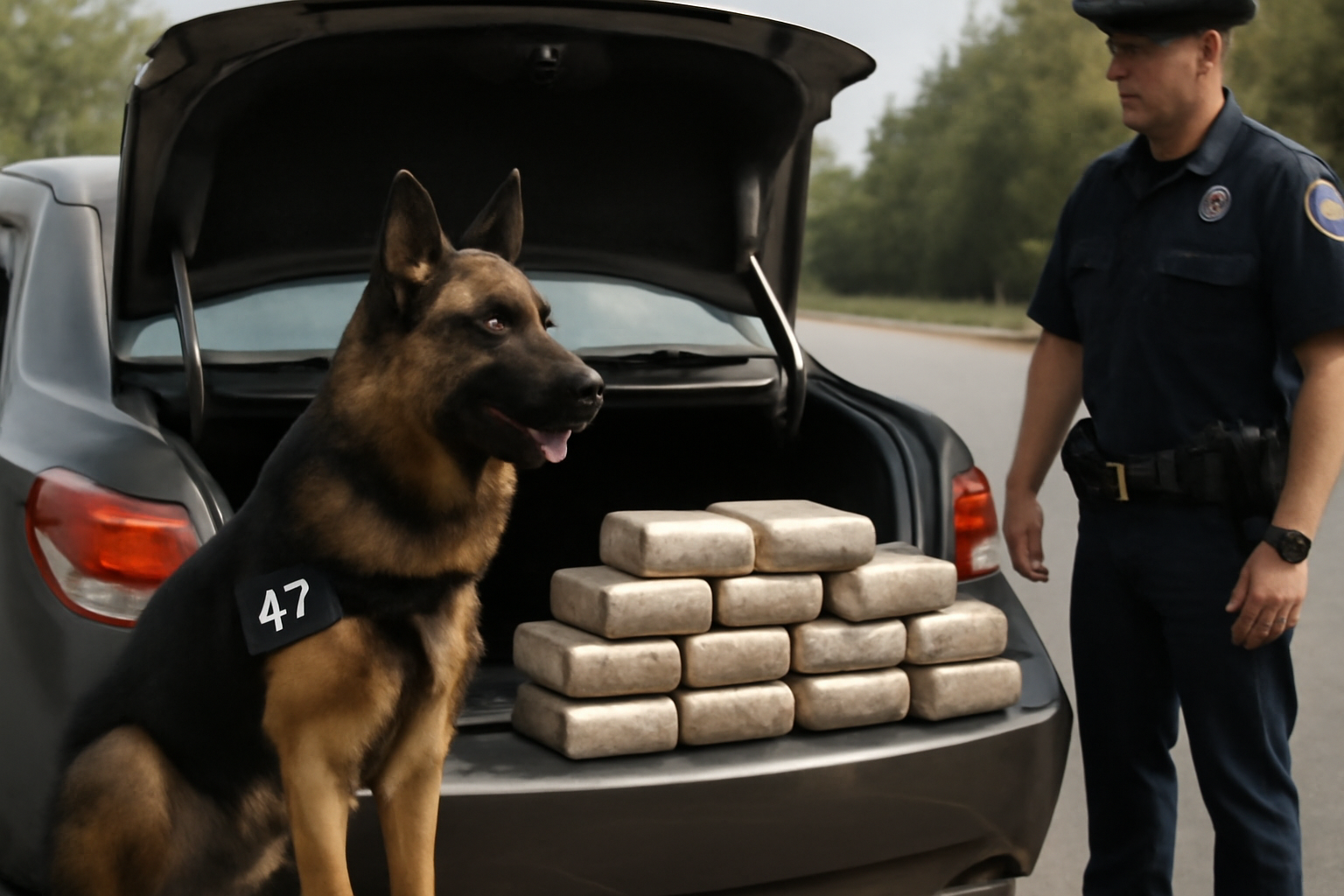 A police narcotics dog sits beside stacked cocaine packages during a roadside evidence search