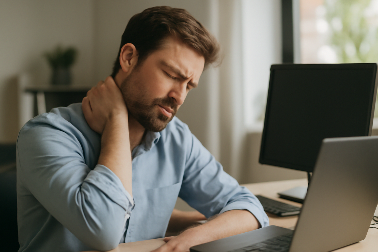 Office worker rubbing the back of their neck while seated at a desk computer