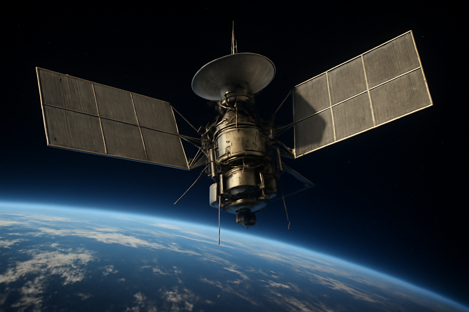 A military satellite with infrared sensor arrays positioned above Earth in geostationary orbit