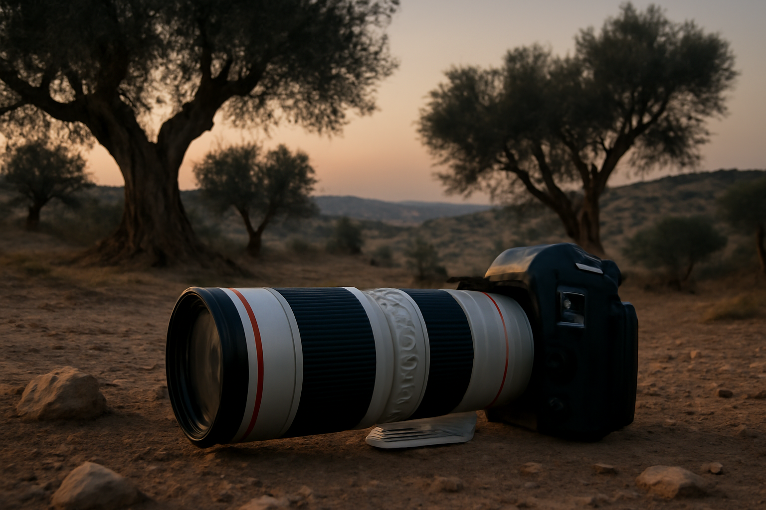 A photojournalist's camera lies on dusty ground near olive trees in the West Bank
