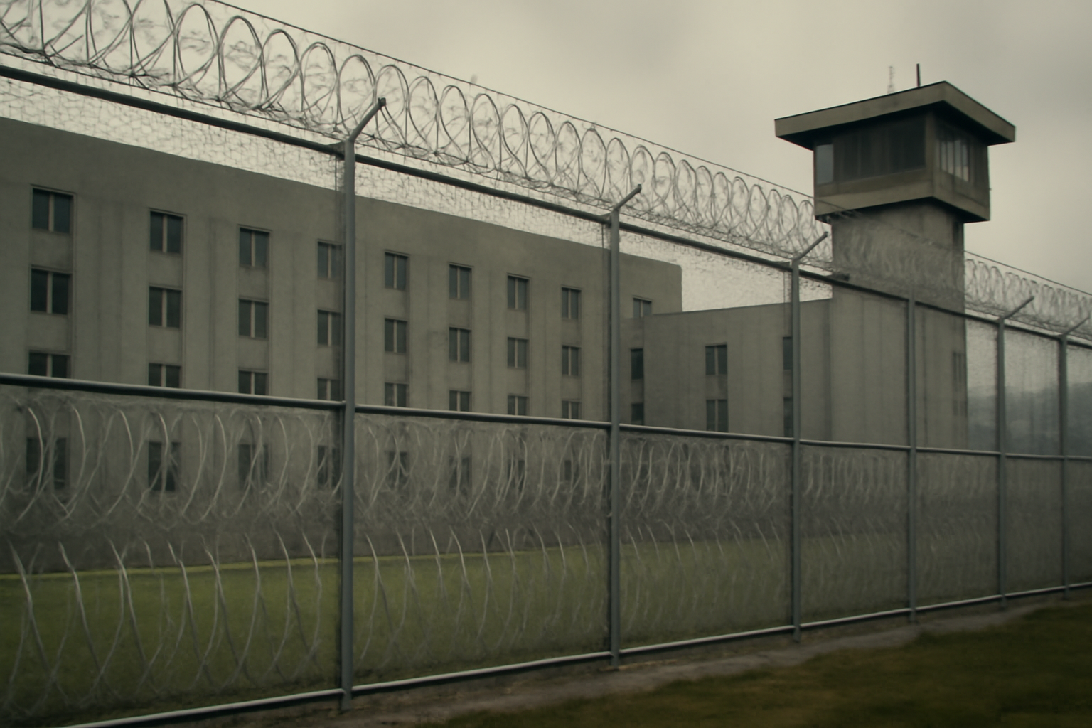 Exterior view of a federal correctional facility fence line under overcast sky