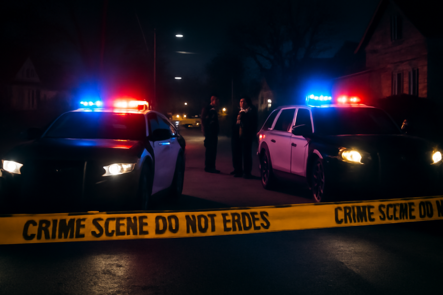 Police vehicles and investigators gathered near crime scene tape at night in Erie, Pennsylvania