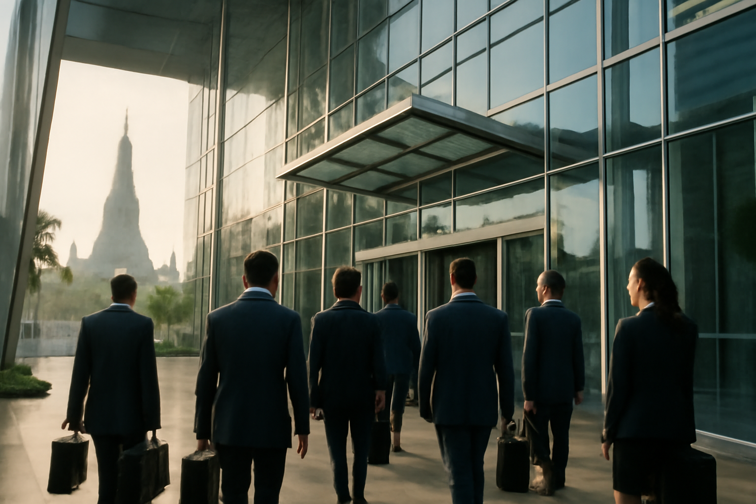 Finance ministers and bankers walking into an IMF meeting hall in Bangkok