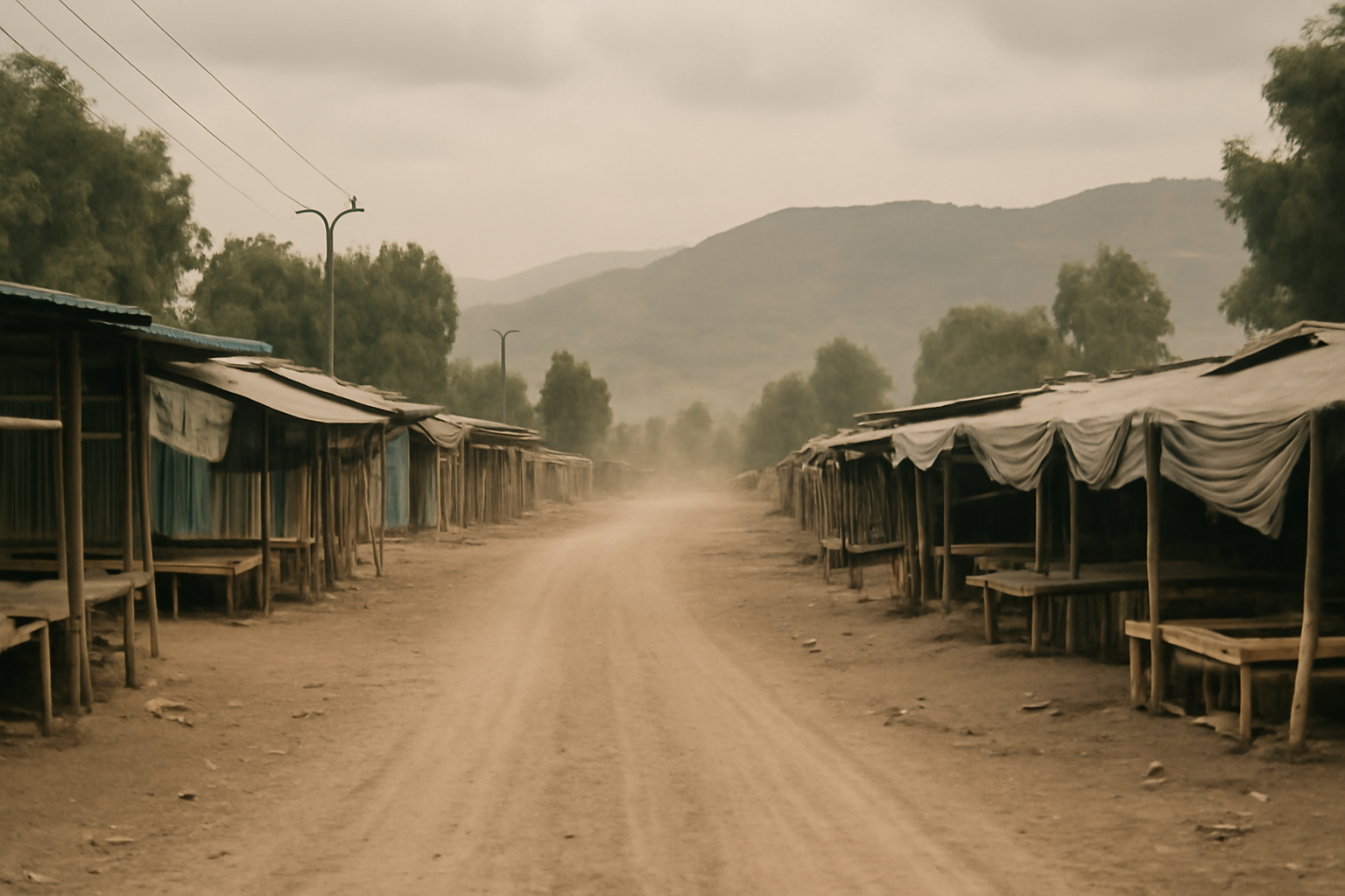 Empty dirt road on the outskirts of Mekelle, Ethiopia, with abandoned market stalls and a hazy northern Tigray hillside in the background