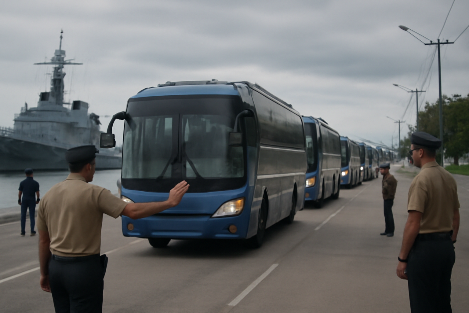 Buses carrying Myanmar nationals arrive under police escort in Kuala Lumpur during a repatriation operation