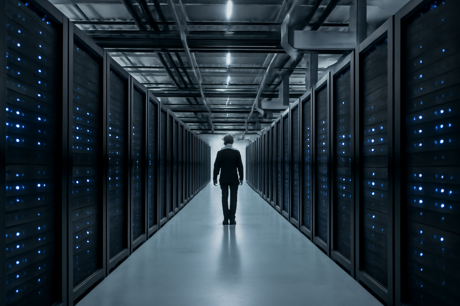 Rows of server racks inside a large data center with cooling pipes overhead