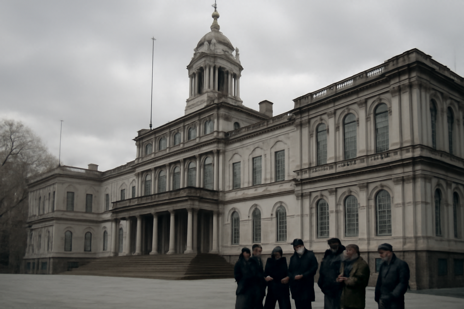 Exterior of New York City Hall with reporters gathered near the entrance