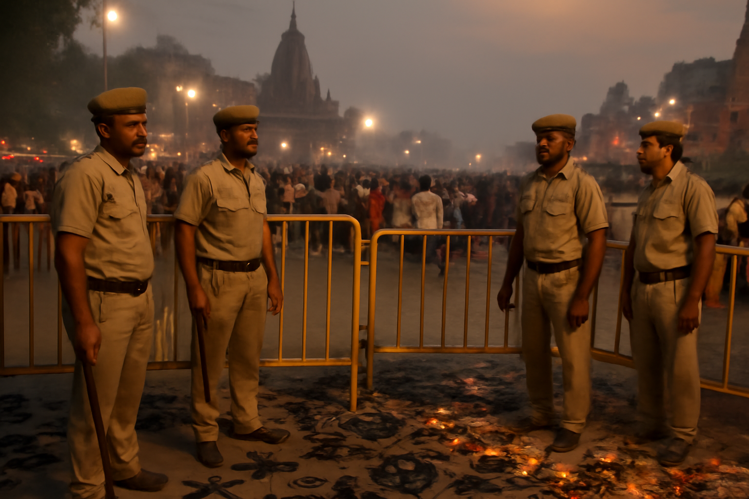 Indian police officers standing near a cordoned religious gathering site in Kolkata