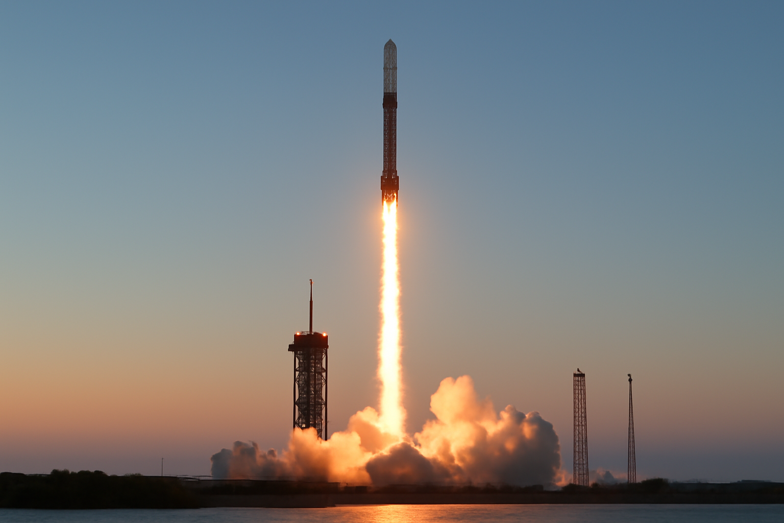 Falcon 9 rocket with Crew Dragon spacecraft lifting off from Cape Canaveral at sunrise