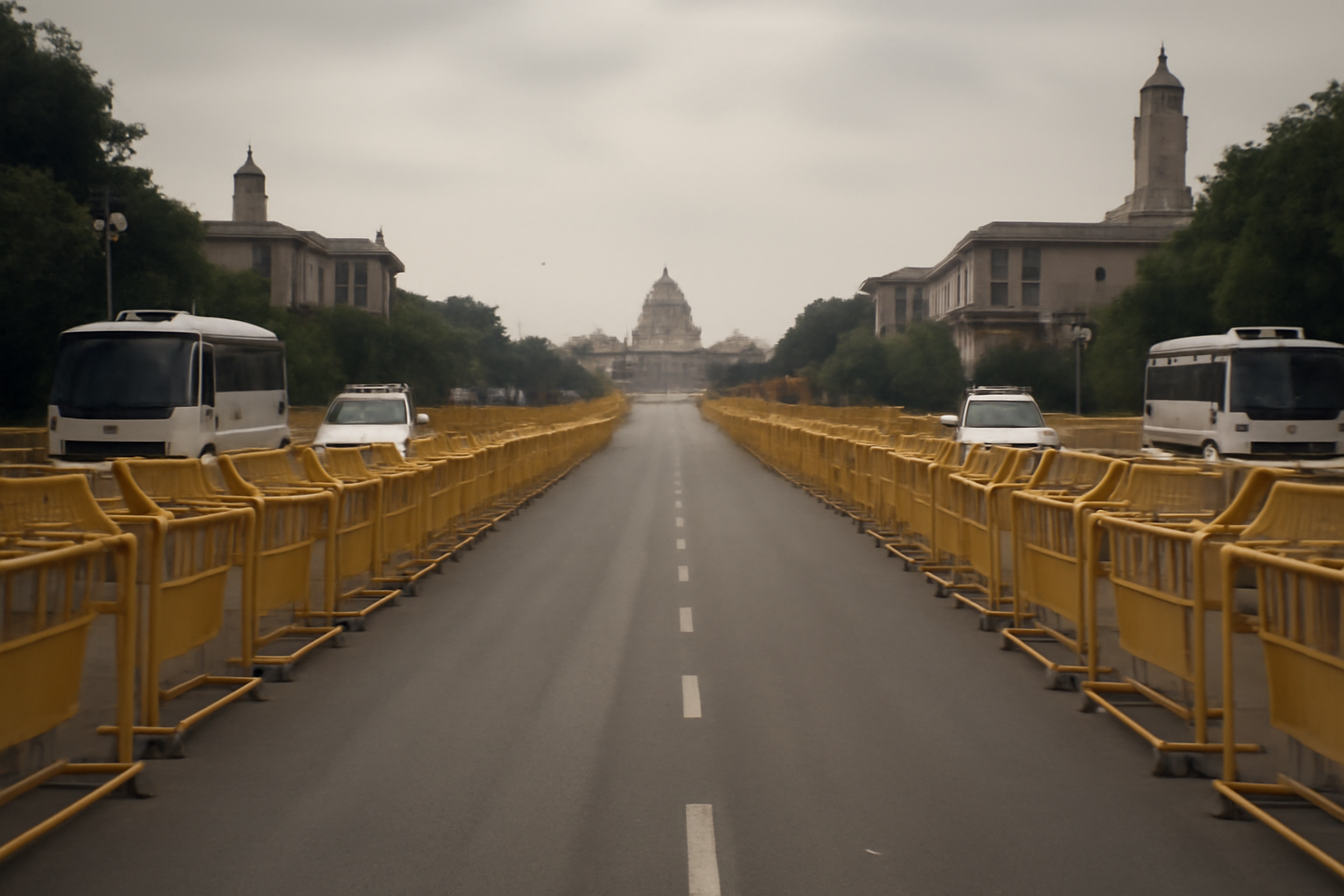 Security barricades line a closed street near government buildings in central New Delhi