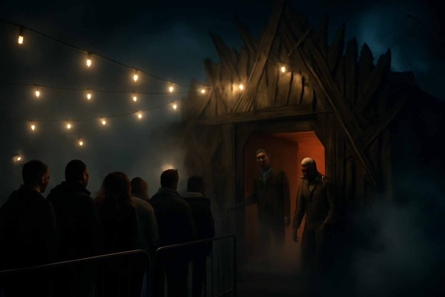 A fog-lit haunted house attraction entrance with costumed actors greeting a line of visitors at night