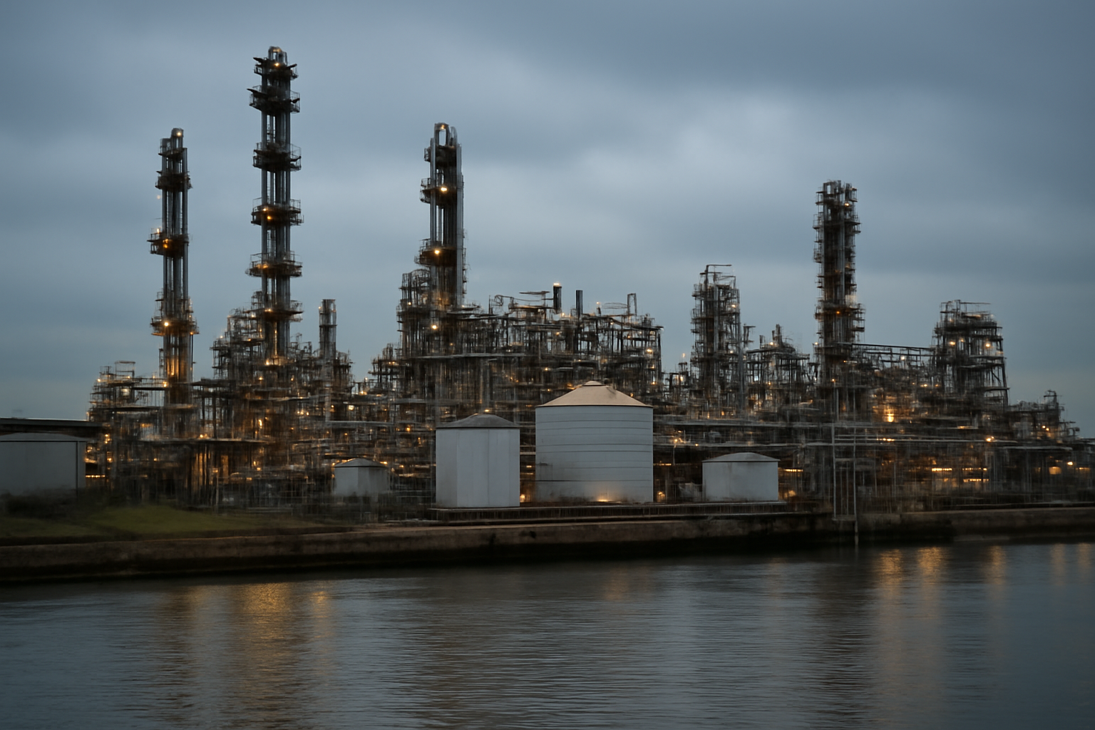 Industrial chemical plant towers and pipework at an English coastal manufacturing site at dusk