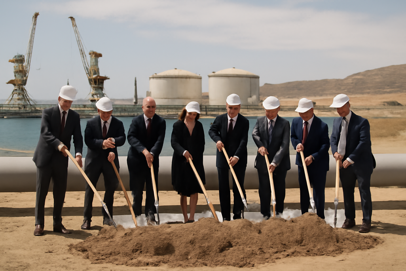 Pipeline construction equipment at a port groundbreaking site in Djibouti with cranes and storage tanks in the background
