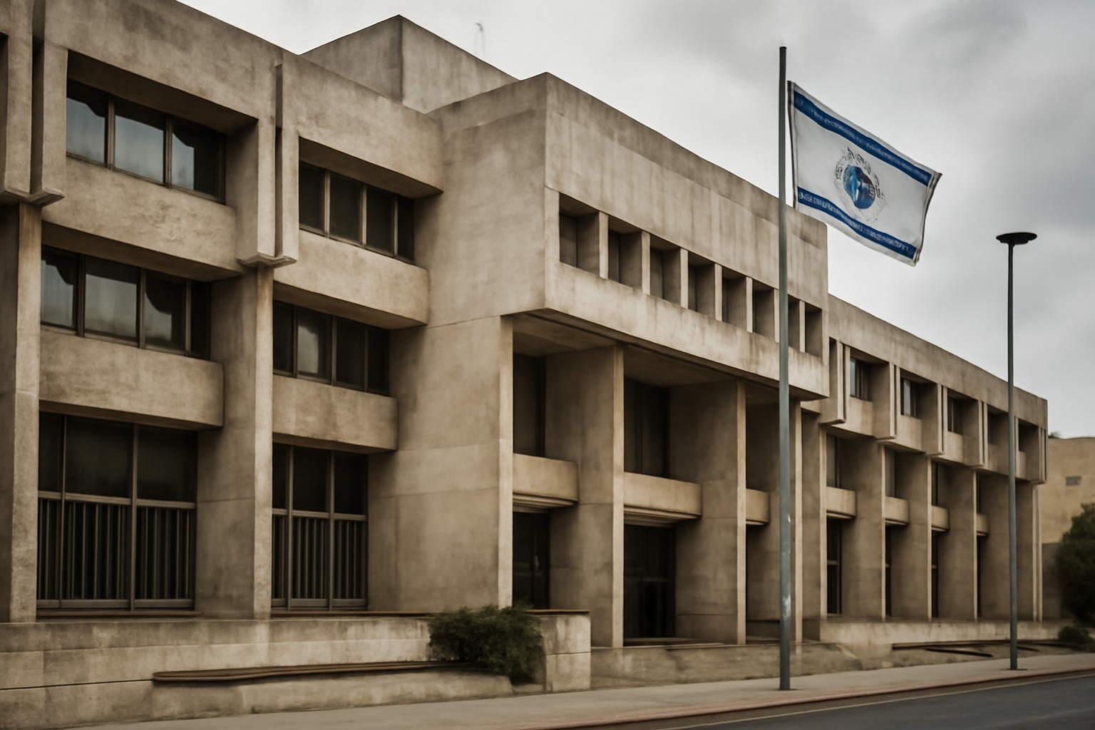 Bank of Israel building exterior in Jerusalem with Israeli flag