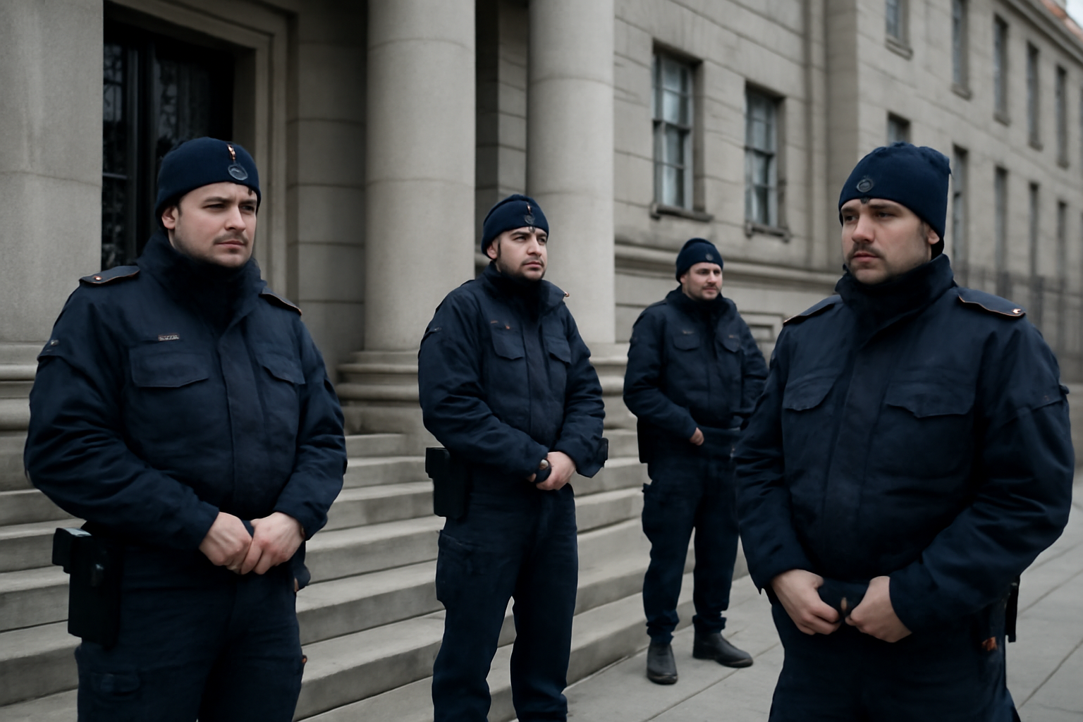 Polish police officers standing outside a government building in Warsaw on an overcast day
