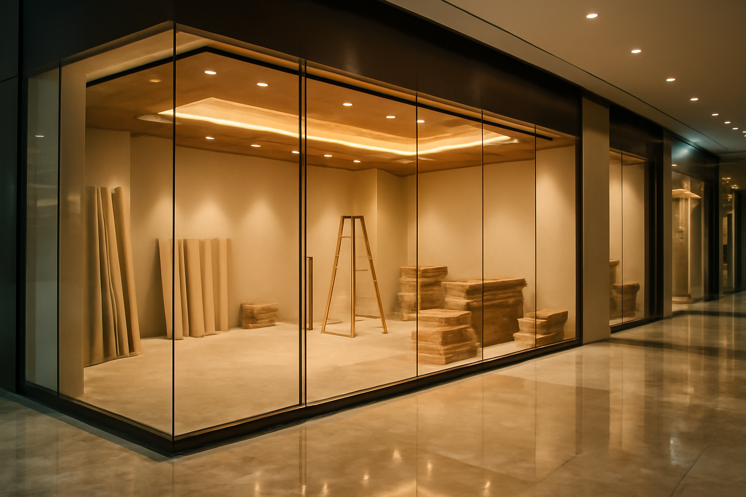 Empty storefront space in a Dubai shopping mall corridor with construction barriers