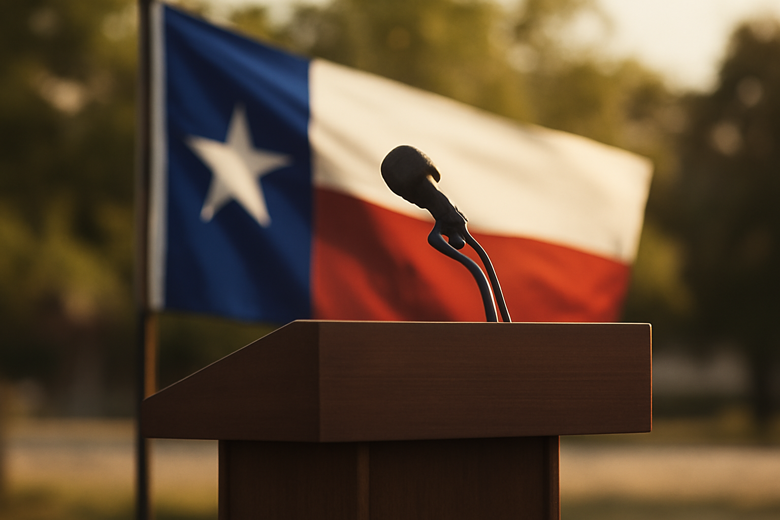 An empty outdoor campaign podium with a microphone stand in front of a Texas state flag