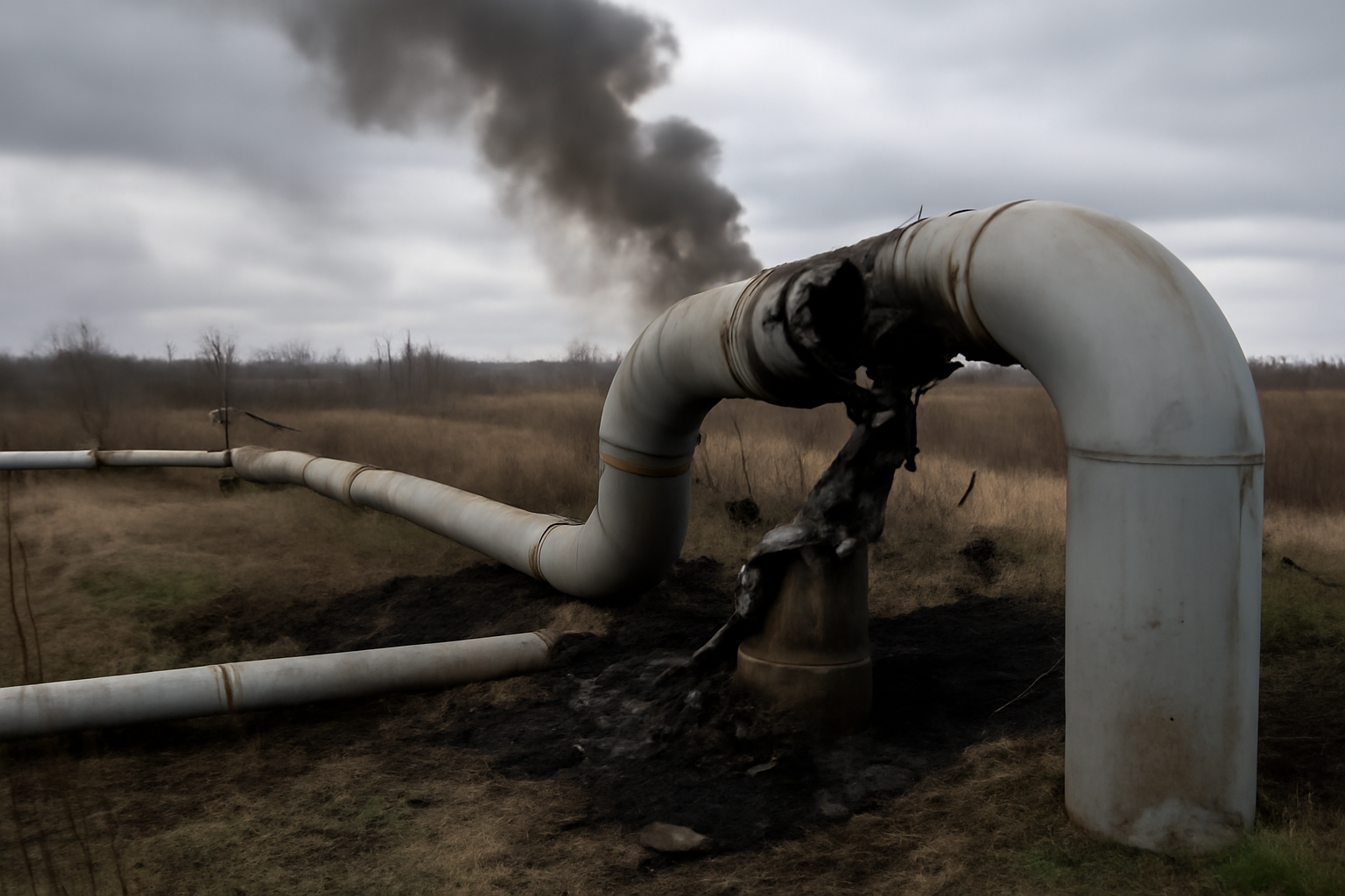 Damaged gas pipeline infrastructure under a gray sky with smoke rising in the distance