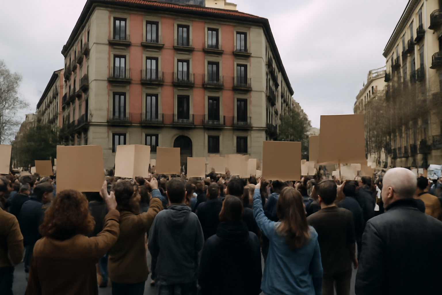 Protesters holding signs about housing rights gather outside a residential building in Madrid