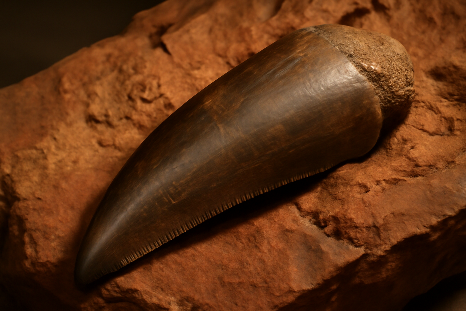 Close-up of a fossilized Tyrannosaurus rex tooth embedded in reddish sedimentary rock
