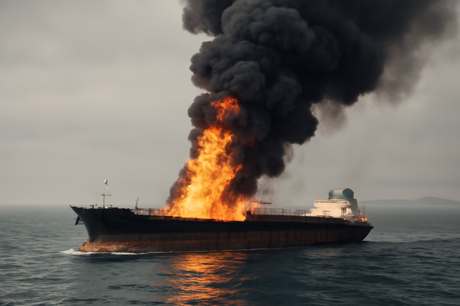 Smoke and flame rising from a tanker silhouette on open water near a strait