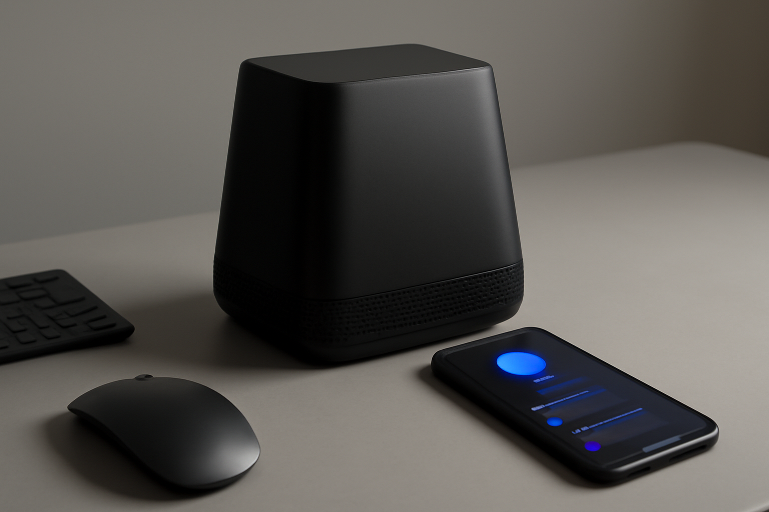 A compact black computer tower without a screen sitting on a desk next to a smartphone displaying an AI assistant app