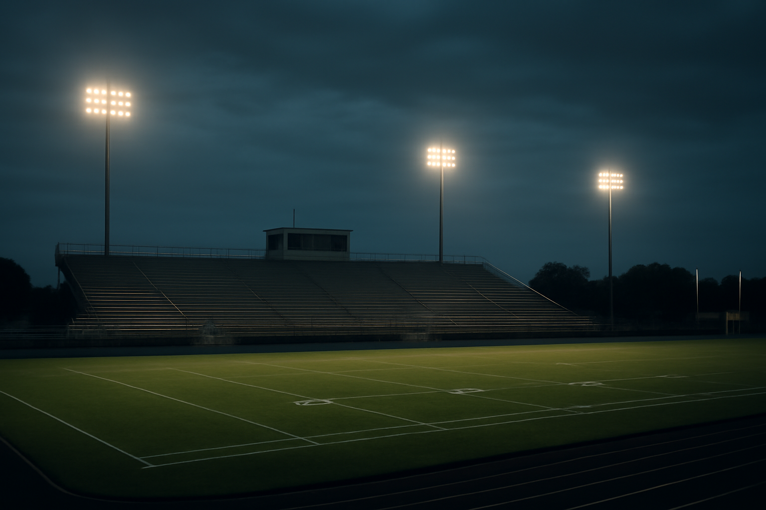 Empty college football stadium bleachers under stadium lights at dusk