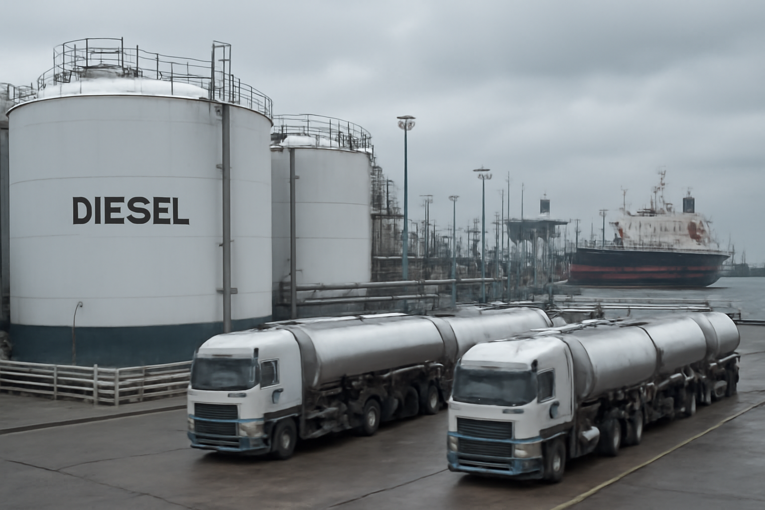 Diesel fuel tanker trucks lined up at a port export terminal with cargo ships in the background