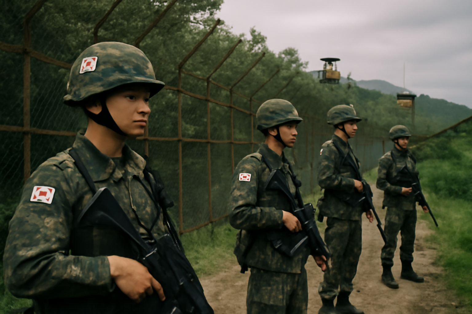 South Korean soldiers stand near a fenced section of the Demilitarized Zone border area