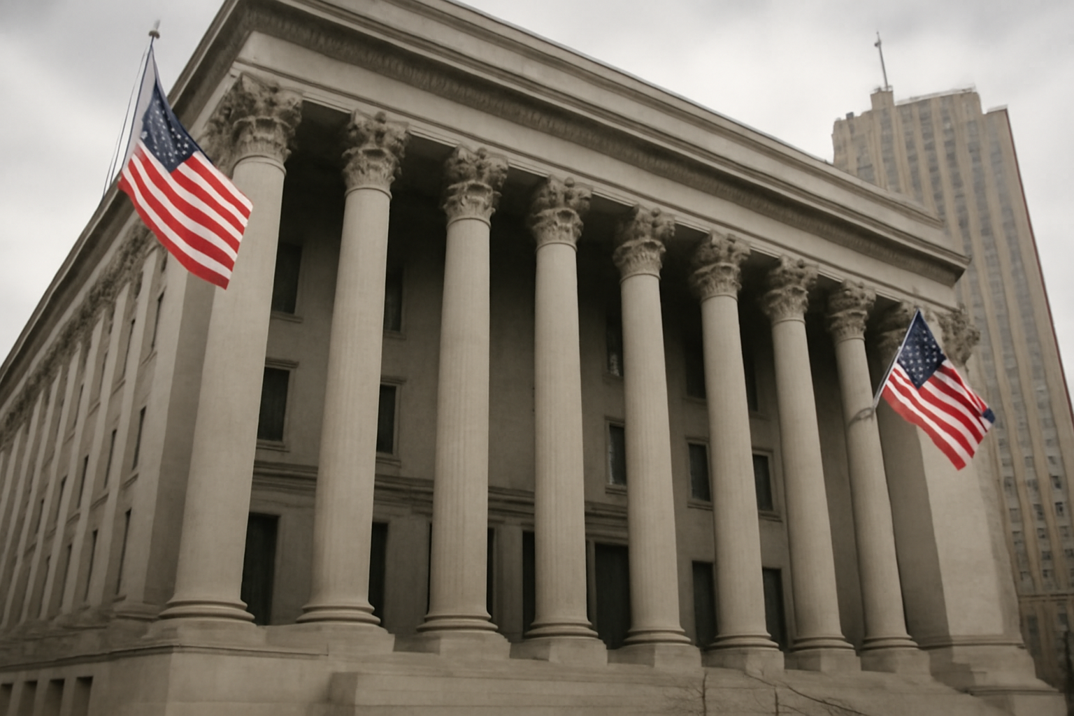 Exterior of a Manhattan federal courthouse with American flags at the entrance