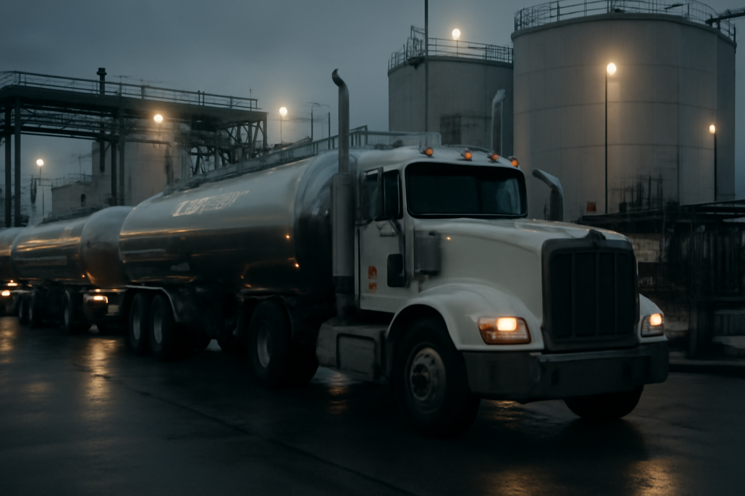 Diesel fuel tanker trucks queued at a fuel distribution terminal